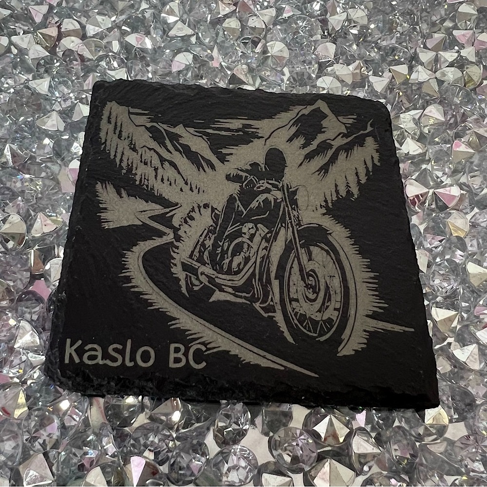 Engraved Slate Coaster kaslo BC with grip bottom raised rock real motorcycle